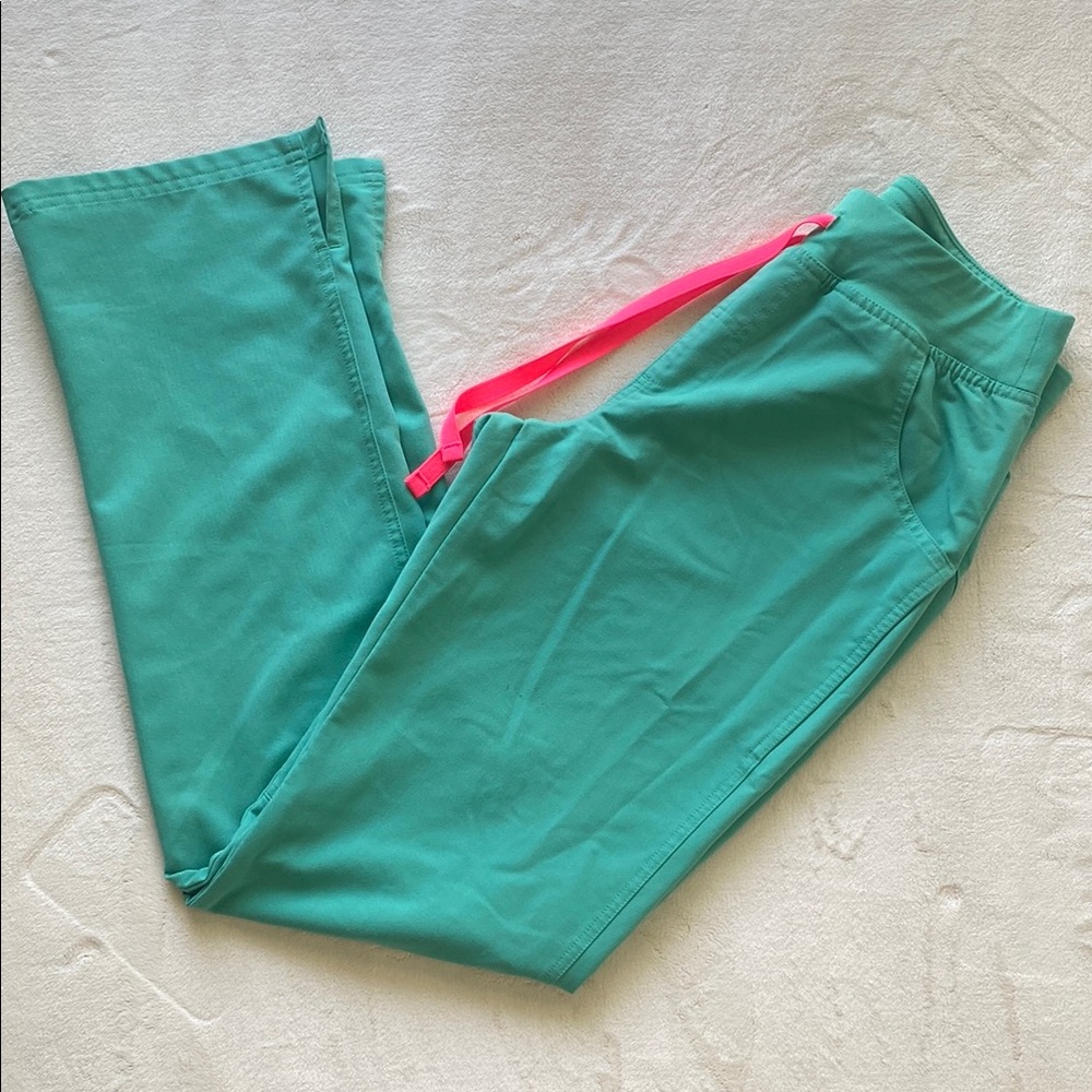 Figs teal cargo pant with Pink Drawstring